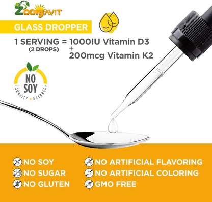 Vegan Liquid Drops Vitamin D3 K2 (MK-7) - Plant-Based with Coconut Oil for Improved Absorption - 1000 IU D3 & 200 mcg K2 per Serving
