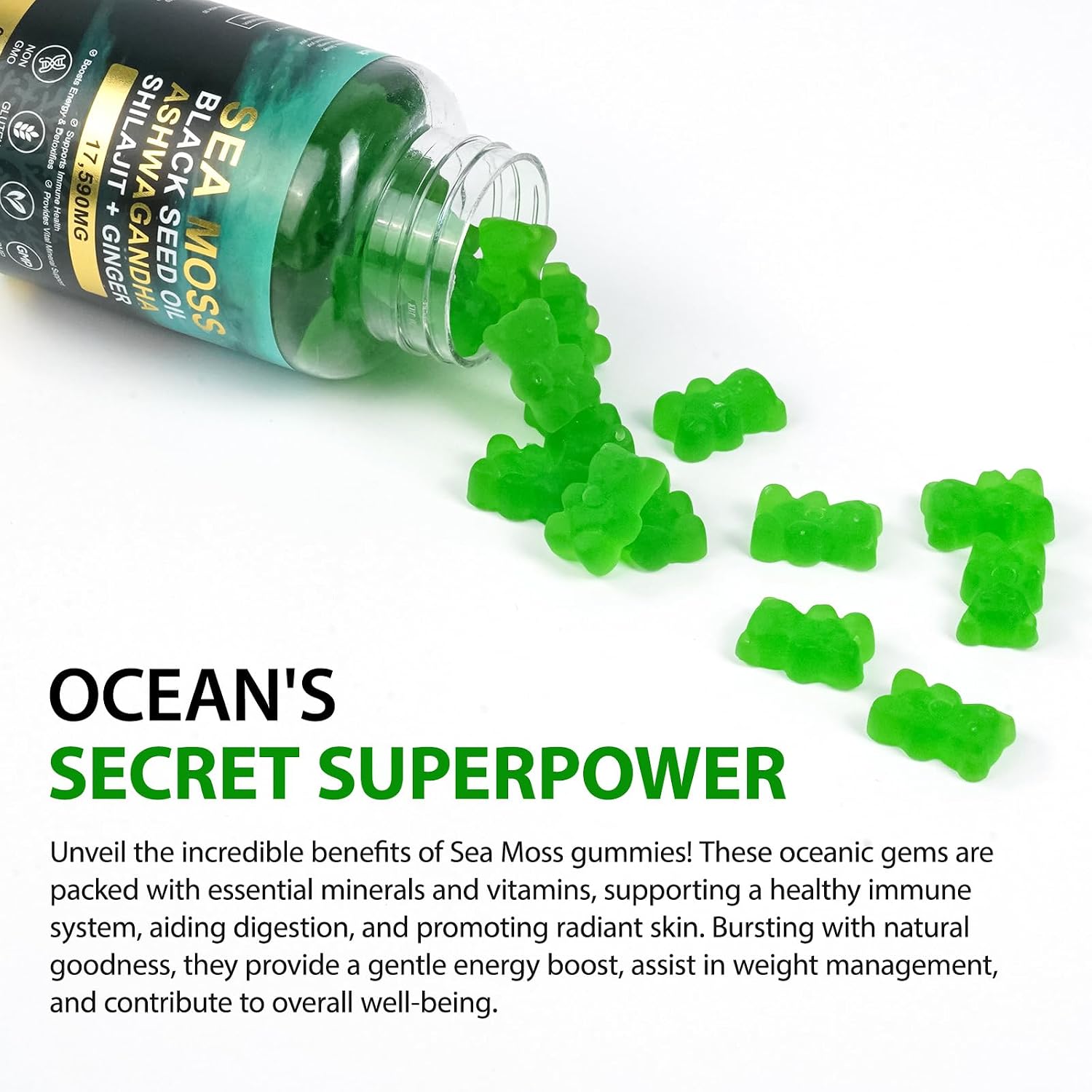Sea Moss Gummies, Sea Moss, Bladderwrack, Ashwagandha, Burdock Root, Energy, Immune Support, 60 Vegan Gummies - görsel 6