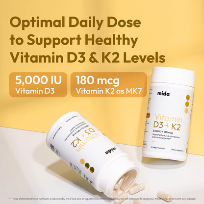 Vitamin D3 K2 5000 IU with MK7 (180 mcg) - Vegan Capsules, 60 Servings