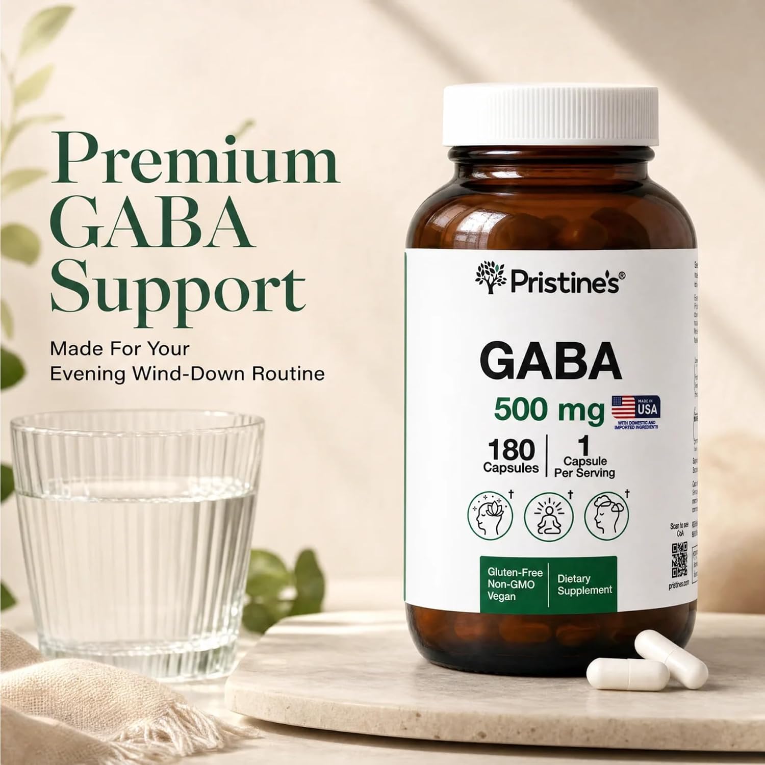 PRISTINE'S GABA 500mg Sleep Support Supplement - 180 Capsules - Calm Mind & Relaxation - görsel 2