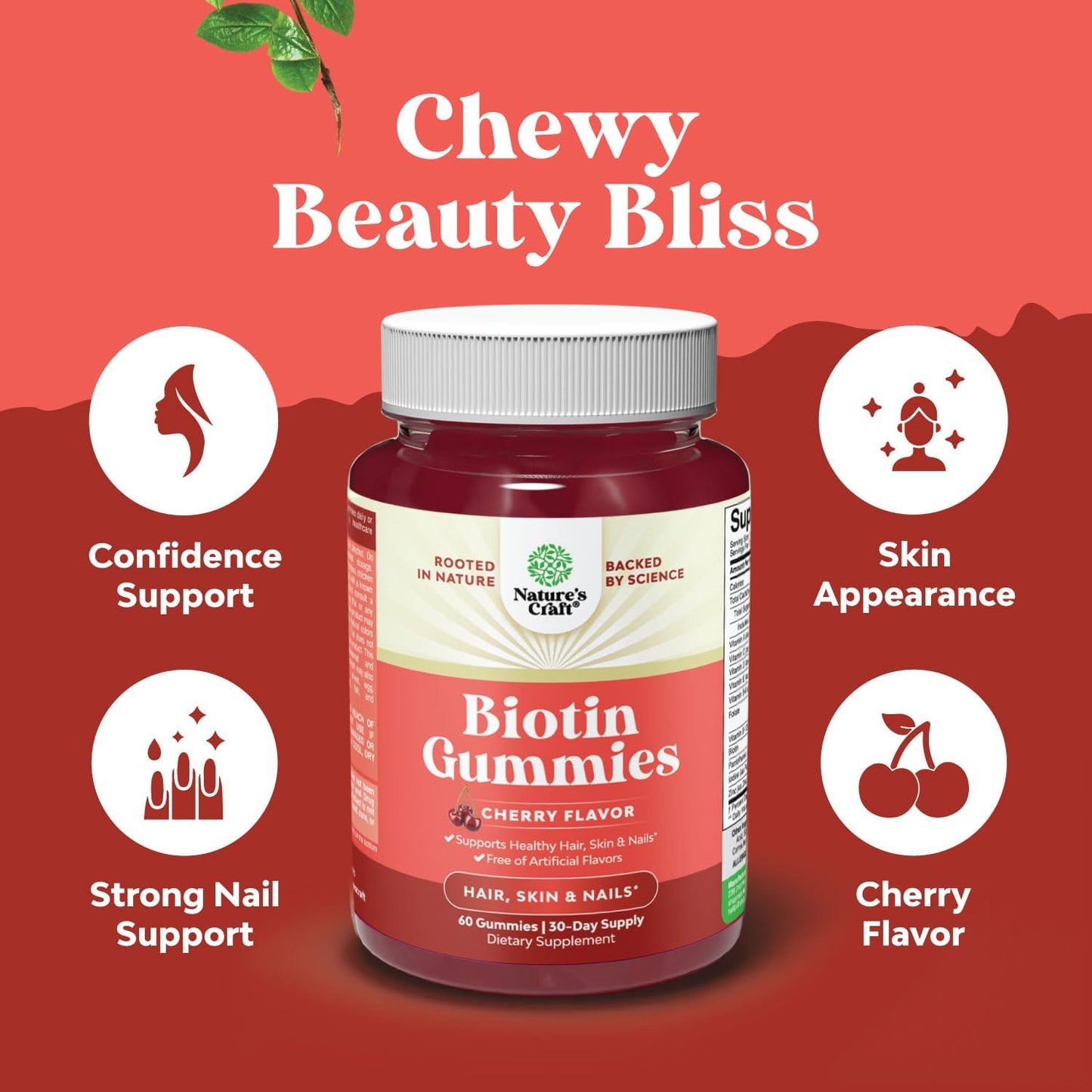Natural Biotin Gummies for Hair Growth - Vitamins Skin and Nails Women Men with Pantothenic Acid - 60 Count - görsel 2