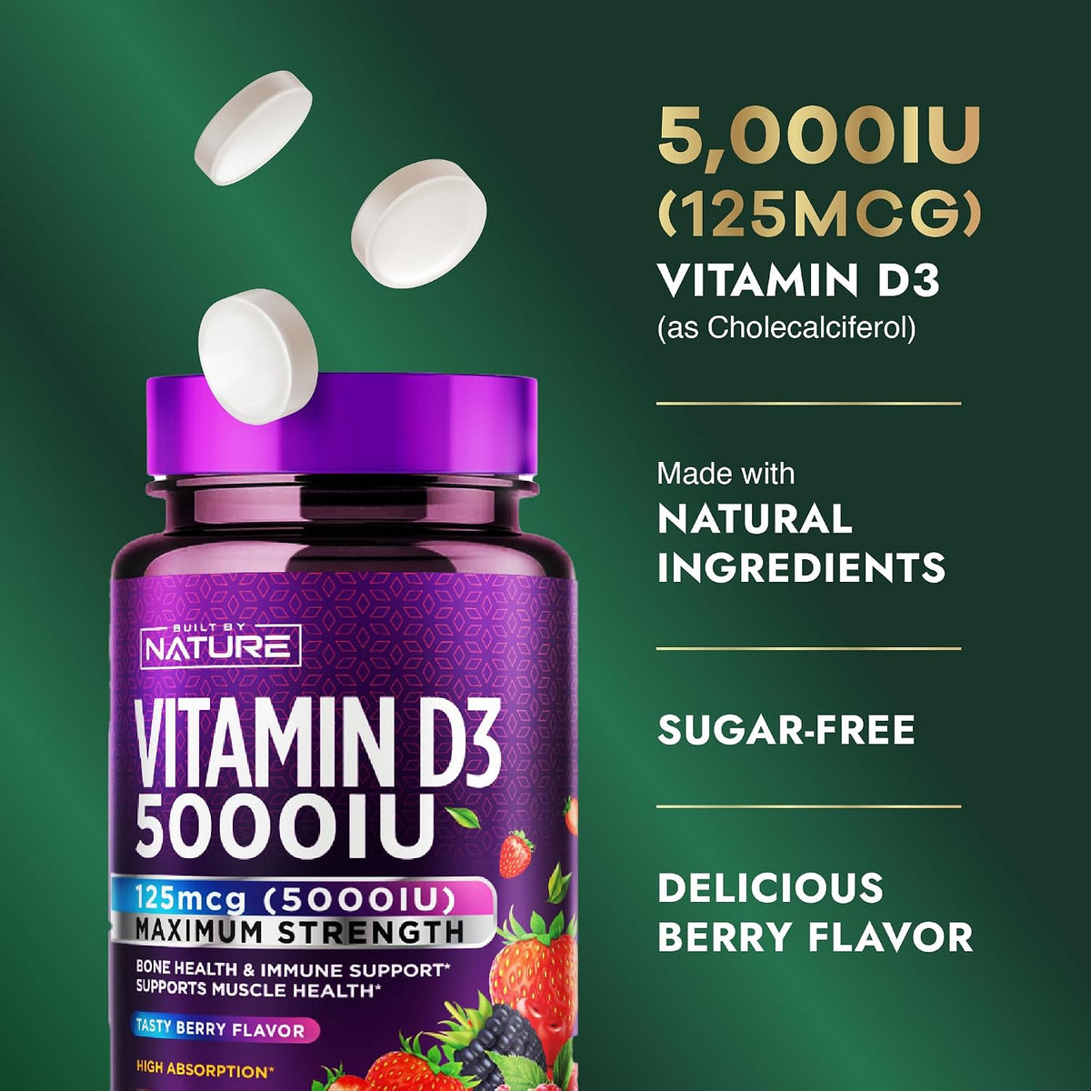 Built by Nature Chewable Vitamin D3 5000 IU, 60 Tablets - Sugar Free, Natural Berry Flavour - görsel 3