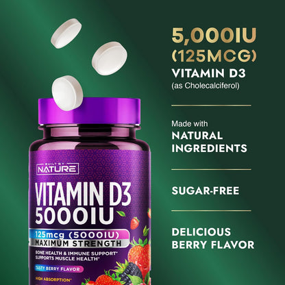 Built by Nature Chewable Vitamin D3 5000 IU, 60 Tablets - Sugar Free, Natural Berry Flavour