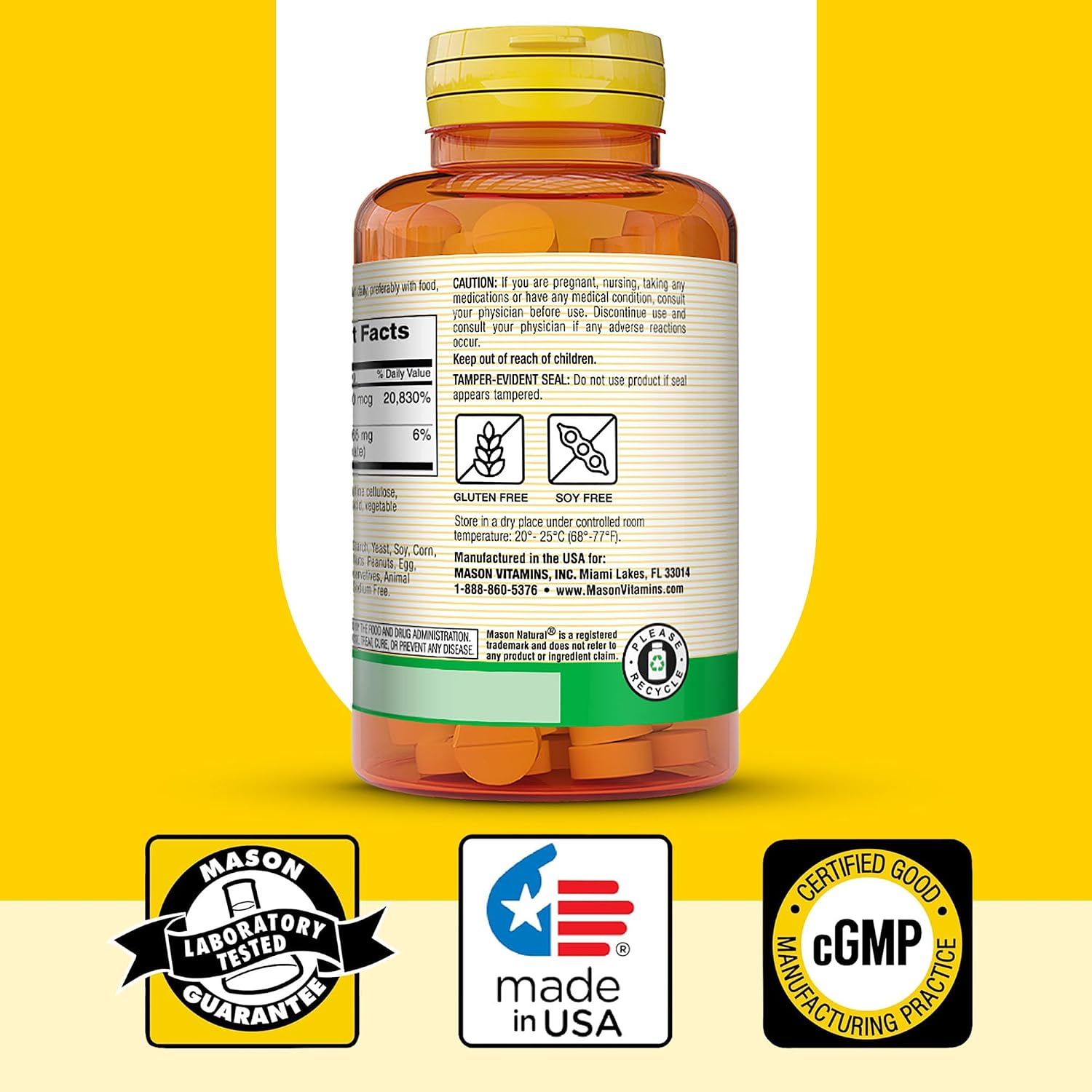 MASON NATURAL Vitamin B12 500 mcg with Calcium, 100 Tablets (Pack of 3) - görsel 6
