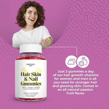 Supplement Spot Hair Skin and Nails Vitamins - 6000 mcg Biotin Gummies with Collagen, Passion Fruit Flavour (60 Gummies)