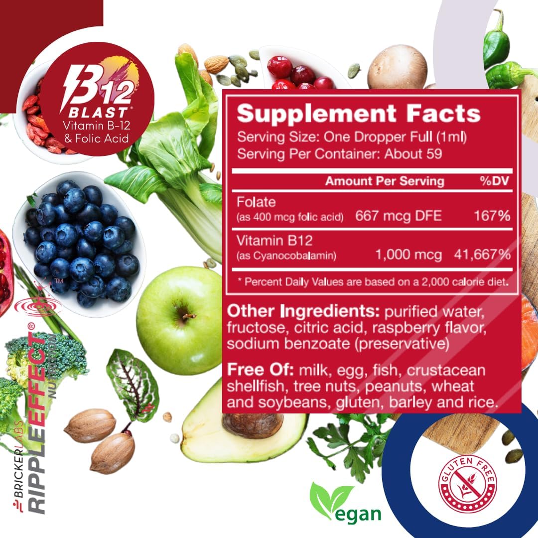 Bricker Labs B-12 Blast Liquid Vitamin B12 and Folic Acid Supplement, Natural Raspberry Flavour, 56 ml - görsel 6