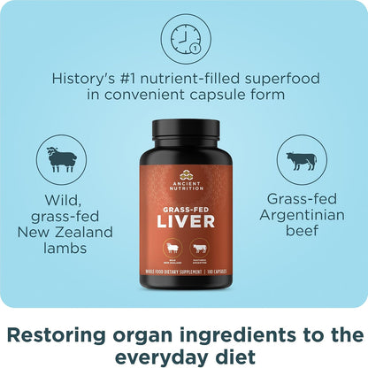 Ancient Nutrition Organ Supplements, Grass-Fed and Wild Organ Complex Capsules, Beef and Lamb Liver, 180 Capsules