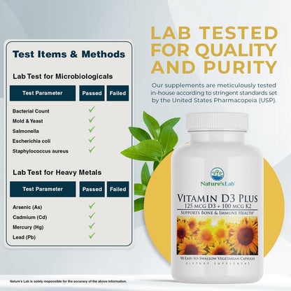Nature's Lab Vitamin D3 Plus - Vitamins D3 & K2 (MK-7) - Immune Support, Bone Health, Normal Blood Clotting - Gluten-free, Non GMO - 90 Capsules