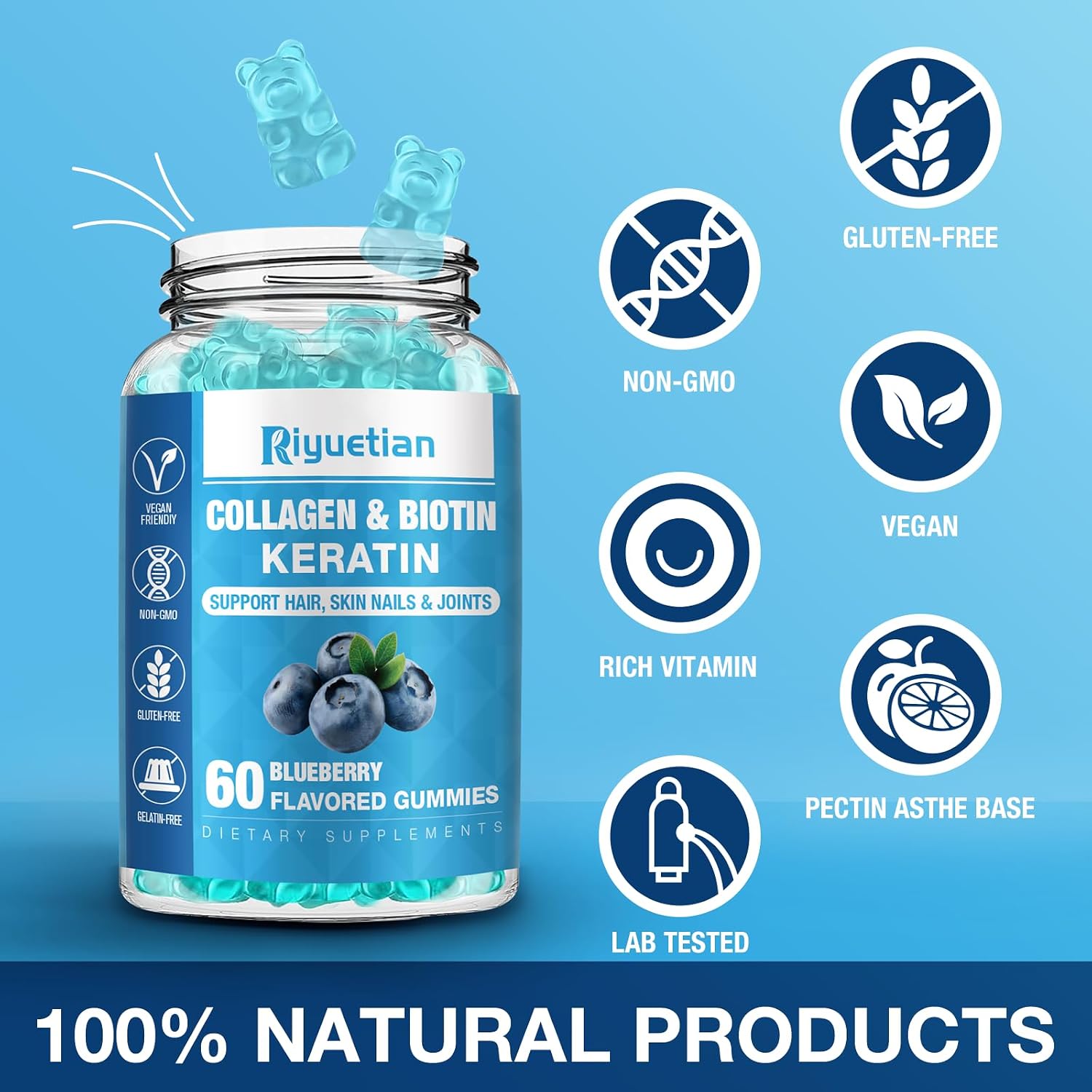 Riyuetian Biotin Gummies 15000mcg with Collagen - Hair, Skin & Nails Support - Vegan, Non-GMO - 60 Gummies - görsel 6
