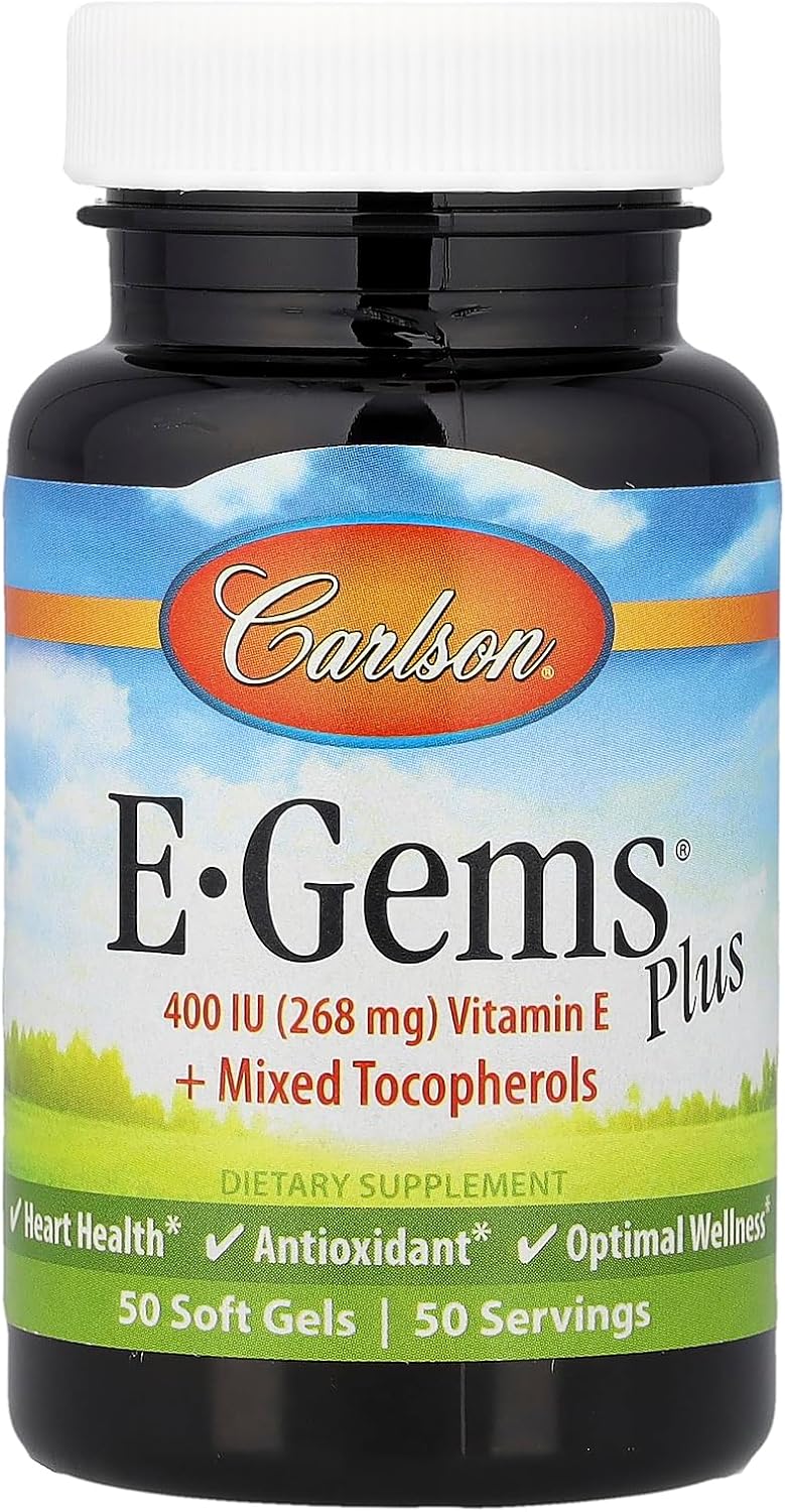 Carlson - E-Gems Plus, 400 IU (268 mg), Natural-Source Vitamin E, Optimal Wellness, 50 Soft Capsules - görsel 1