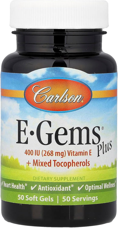 Carlson - E-Gems Plus, 400 IU (268 mg), Natural-Source Vitamin E, Optimal Wellness, 50 Soft Capsules