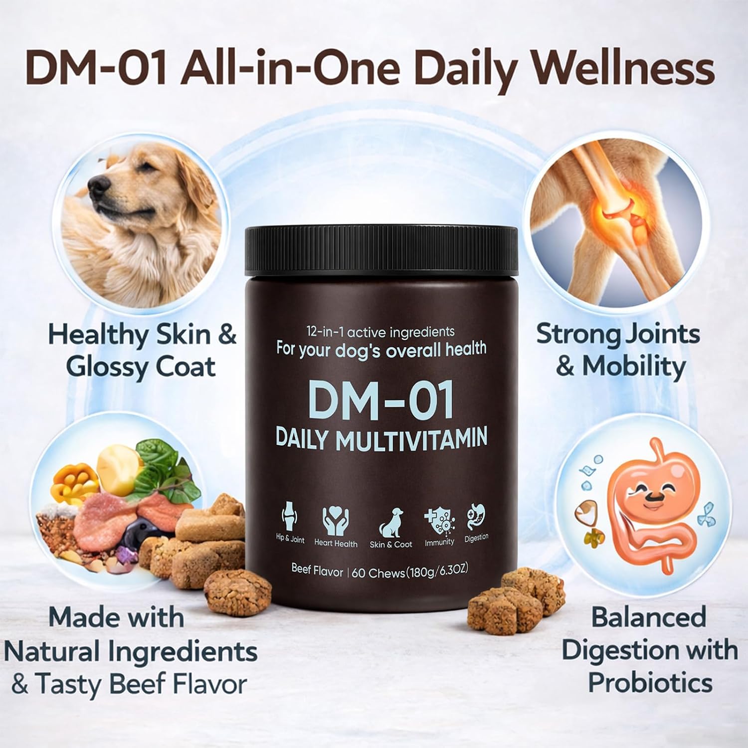 DM-01 Daily Multivitamin for Dogs - Supports Skin & Coat, Joints & Digestion, Beef Flavour, 60 Chews - görsel 3