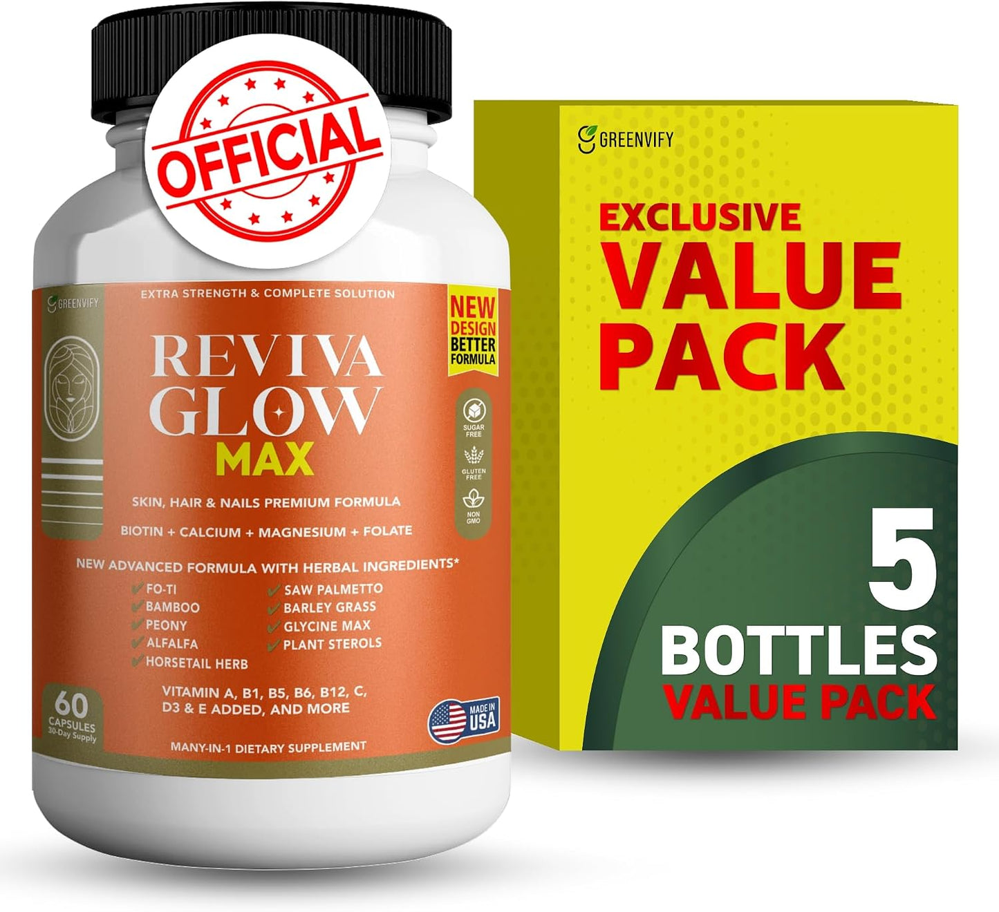 Reviva Glow Max - Hair, Skin & Nails Support Supplement with Biotin & Herbal Blend, 180 Capsules - görsel 9