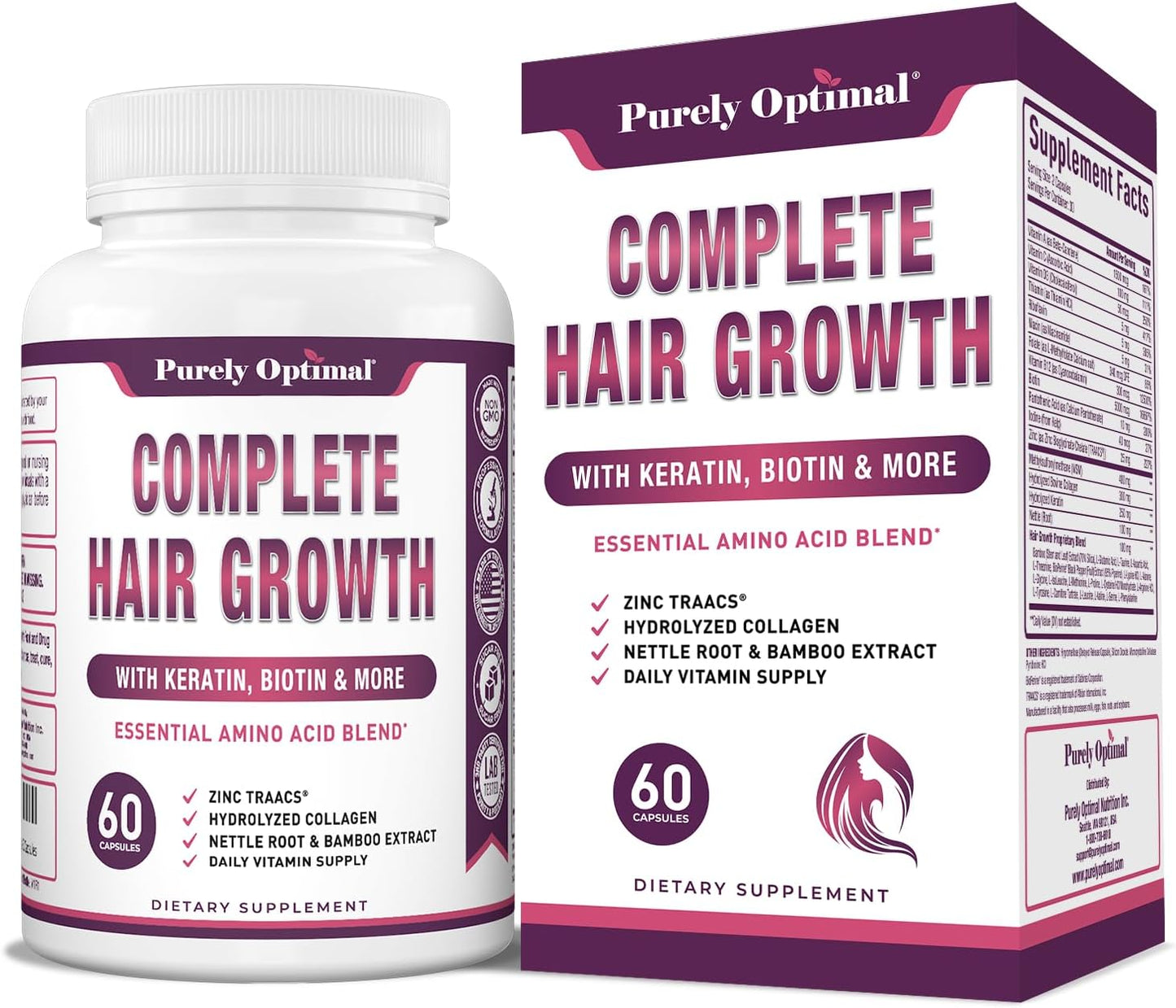 Purely Optimum Hair Growth Vitamins – Biotin, Collagen, Keratin – 60 Capsules - görsel 1