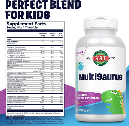 KAL MultiSaurus Kids Chewable Multivitamin – 180 Dinosaur-Shaped Tablets