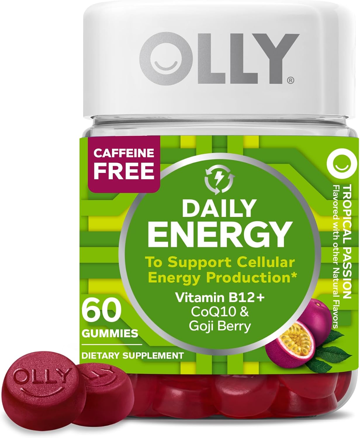 OLLY Daily Energy Gummy, Caffeine-Free, Vitamin B12, CoQ10, Goji Berry, Tropical Flavour – 60 Gummies - görsel 1