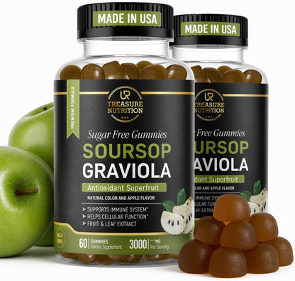 Soursop Leaf and Fruit Gummies - 3000mg Graviola Extract - 2 Pack - 120 Count - Sugar Free & Vegan