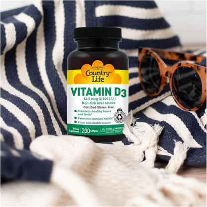 Country Life Vitamin D3 2500 IU – Non-Fish Derived, High Strength Vitamin D3 for Bone Health, Immune Support & Calcium Absorption – Certified Gluten-Free, 200 Softgels
