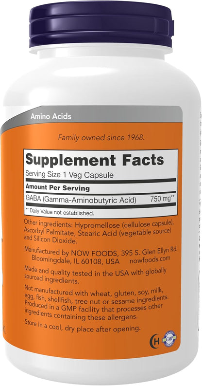 NOW Foods GABA (Gamma-Aminobutyric Acid) 750 mg, 200 Vegan Capsules