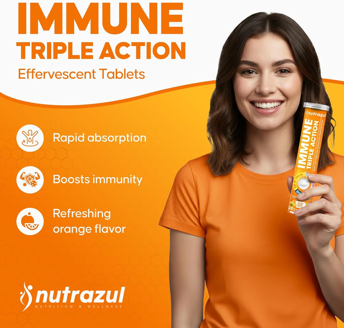 Nutrazul Immune Triple Action Effervescent Tablets, Vitamin C 1000mg with Vitamin D and Zinc, Orange Flavour, 60 Tablets (3 Packs of 20) - görsel 2