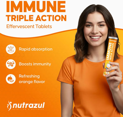 Nutrazul Immune Triple Action Effervescent Tablets, Vitamin C 1000mg with Vitamin D and Zinc, Orange Flavour, 60 Tablets (3 Packs of 20)