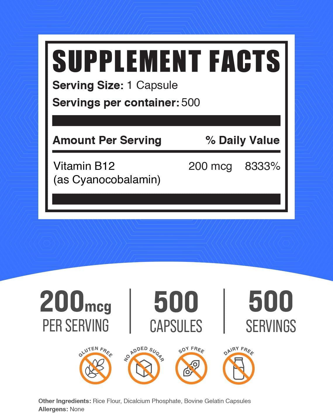 BulkSupplements.com Vitamin B12 Capsules - 200 mcg Cyanocobalamin, 500 Capsules - görsel 2
