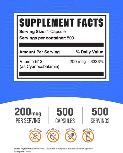 BulkSupplements.com Vitamin B12 Capsules - 200 mcg Cyanocobalamin, 500 Capsules