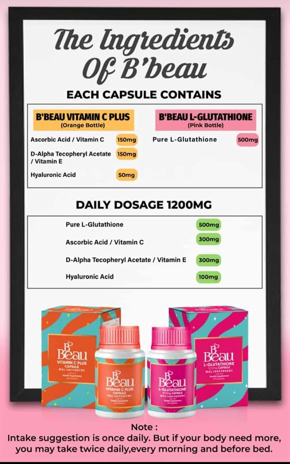 B'Beau L-Glutathione 500mg and Vitamin C Capsules – Two Pack for Antioxidant Skin Support - görsel 2
