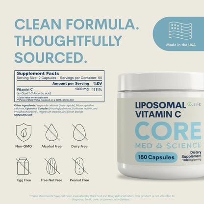 Core Med Science Liposomal Vitamin C, 1000mg – Physician-Formulated Supplement for Immune Defence, Collagen & Skin Health – 180 Capsules, Made in USA