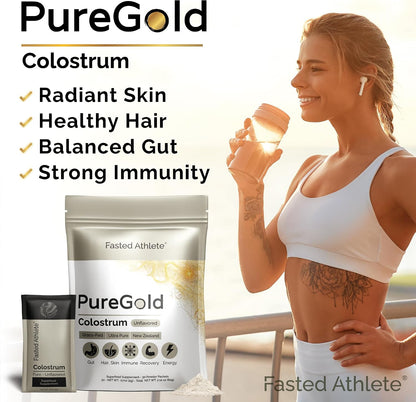 PureGold Bovine Colostrum Powder – 100% Pure New Zealand Grass Fed, Supports Gut Health, Skin, Hair & Immunity – Unflavoured, 30 Travel Packets