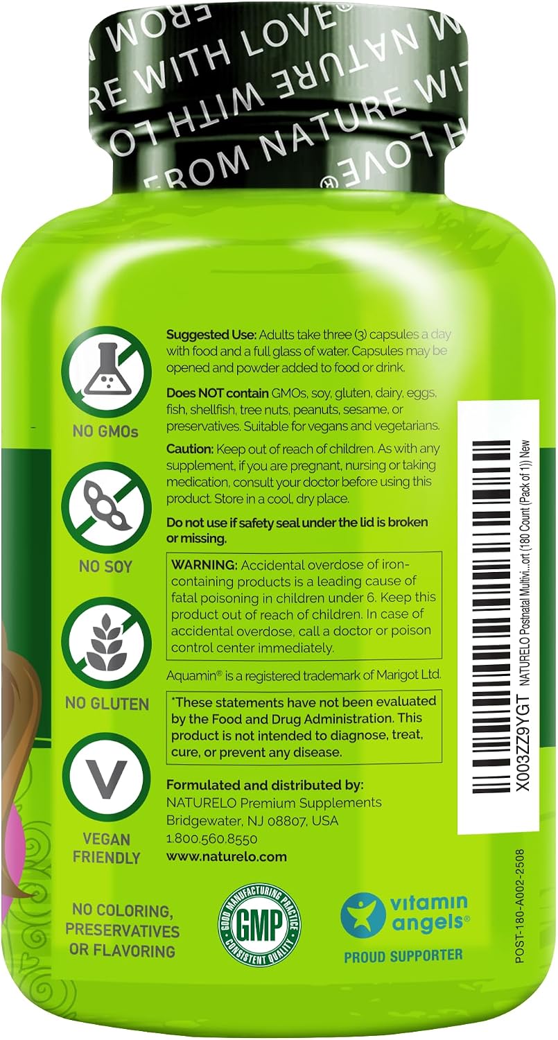 NATURELO Postnatal Multivitamin - Supplement for Breastfeeding Women - Plant-Based Vitamin D, Folate, Gentle Iron - 180 Capsules (Pack of 2) - görsel 7