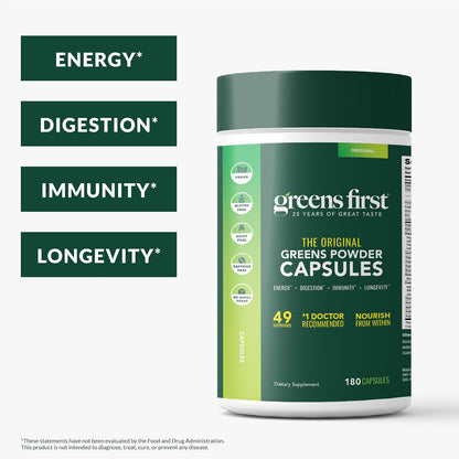 Greens First Phytonutrient Capsules – 49 Antioxidant-Rich Superfoods with Organic Fruits & Veggies, Prebiotics, Probiotics, and Digestive Enzymes (180 Capsules)
