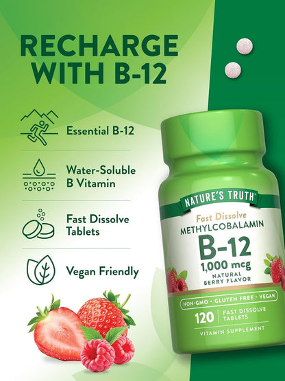 Nature's Truth Vitamin B12 1000 mcg Methylcobalamin Fast Dissolve Tablets, Natural Berry, 360 Tablets (Pack of 3)