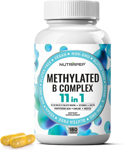 NutraPep Methylated B-Complex Vitamins - Complete Methyl B Complex Multivitamin with Bioactive B9 5-MTHF B6 B12 - MTHFR Support Supplement for Brain, Heart & Energy - Vegan, Gluten-free, Sugar Free