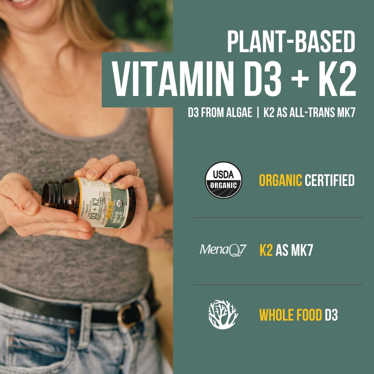 Organic Plant D3 + K2 | 5000 IU Vitamin D3 + 120 mcg Vitamin K2 (All-Trans MK7) – Vegan, Whole Food Supplement - görsel 2
