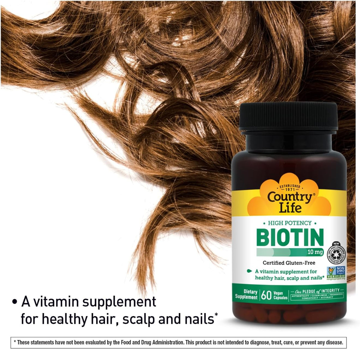 Country Life Vitamins High Potency Biotin 10,000 mcg (10 mg), 60 Count - Supplement for Hair, Scalp & Nails - Certified Gluten-free - görsel 4