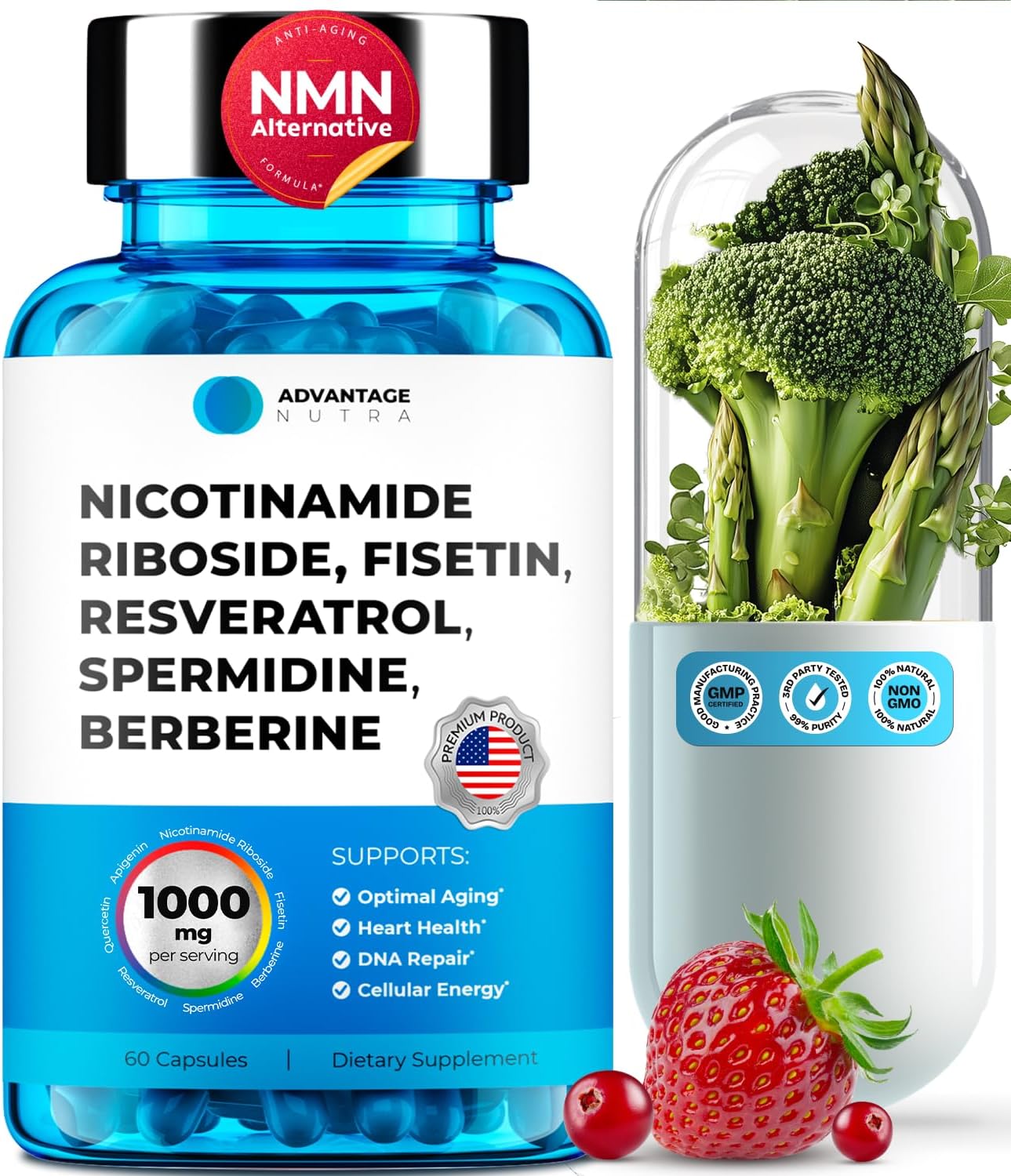 Liposomal Nicotinamide Riboside NR Supplement with Resveratrol, Fisetin, Quercetin, Spermidine, Berberine, Apigenin - NAD+ Booster 500 mg - 60 Capsules - görsel 10