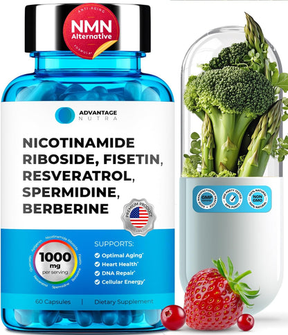 Liposomal Nicotinamide Riboside NR Supplement with Resveratrol, Fisetin, Quercetin, Spermidine, Berberine, Apigenin - NAD+ Booster 500 mg - 60 Capsules