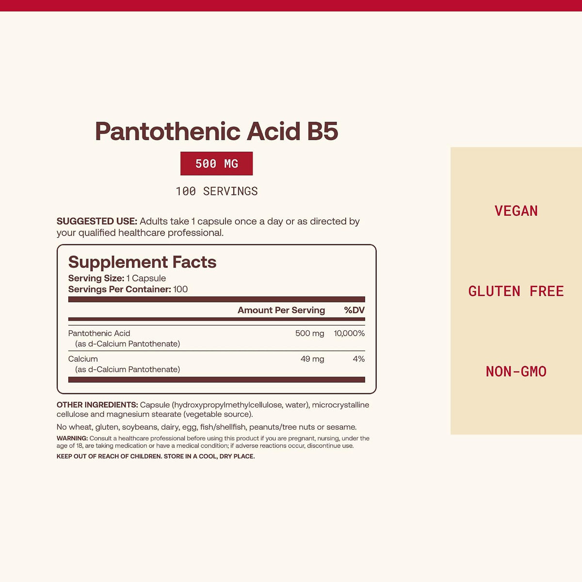 Jarrow Formulae Pantothenic Acid B5 500 mg - 100 Vegan Capsules - görsel 4
