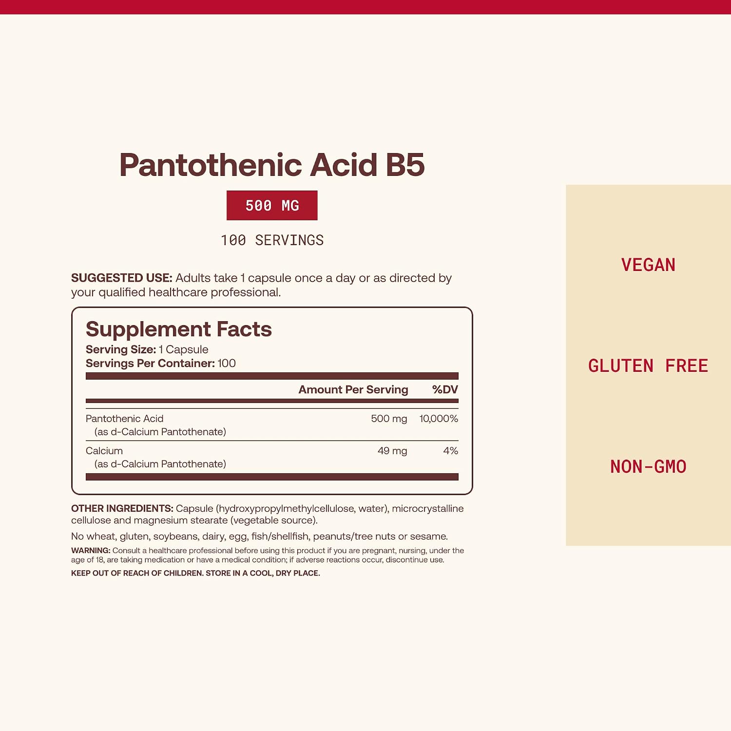 Jarrow Formulae Pantothenic Acid B5 500 mg - 100 Vegan Capsules - görsel 4