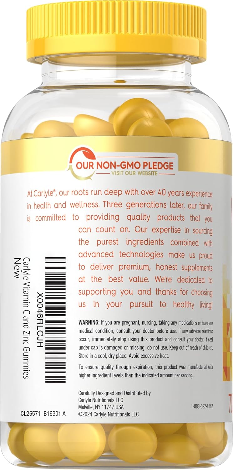 Carlyle Vitamin C and Zinc Gummies | 70 Count | Lemon Flavour | Vegan, Non-GMO, and Gluten-free Supplement - görsel 6