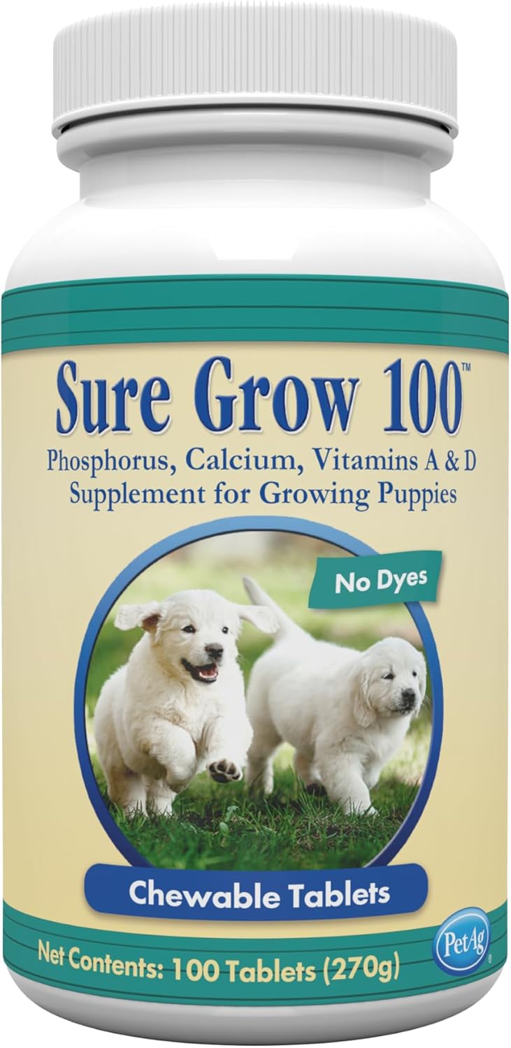 PetAg Sure Grow 100 - Promotes Optimal Bone Development in Puppies Eight Weeks and Older - with Calcium, Phosphorus, and Vitamins A & D - 100 Chewable Tablets - görsel 1