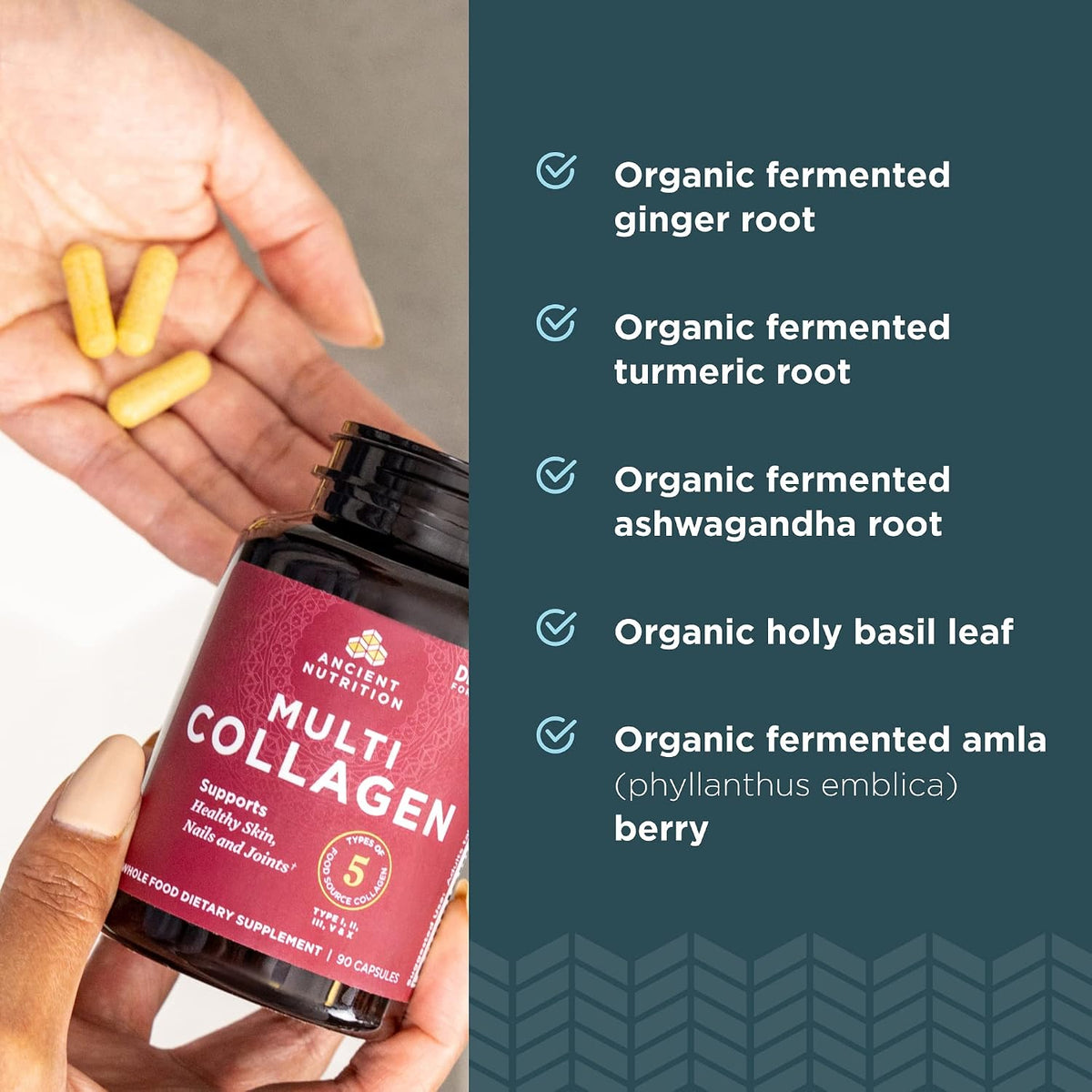 Ancient Nutrition Collagen Capsules, 45 Count, Hydrolysed Multi Collagen, Types I, II, III, V & X, Supports Healthy Skin and Nails, Gut Health and Joint Support - görsel 5