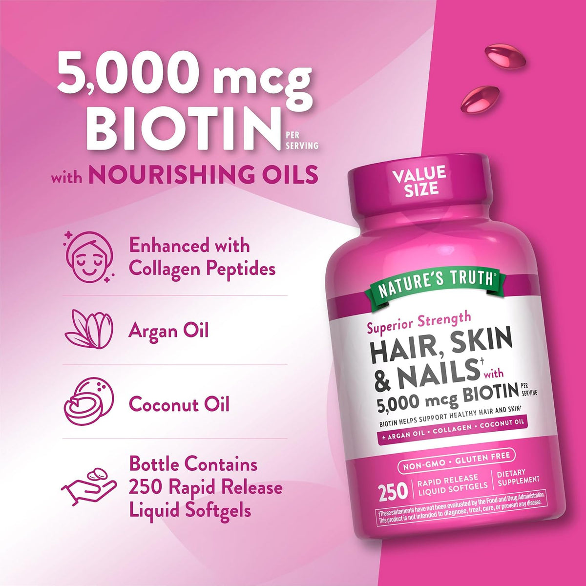 Nature's Truth Hair, Skin and Nails Biotin 5000mcg, 250 Softgels – Image 5