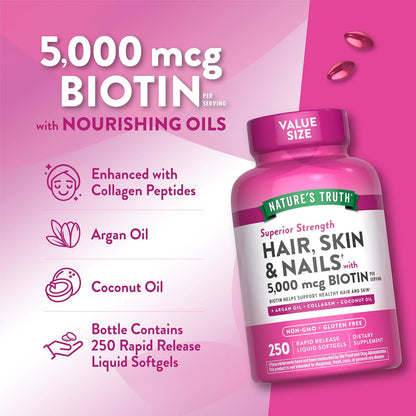 Nature's Truth Hair, Skin and Nails Biotin 5000mcg, 250 Softgels – Image 5