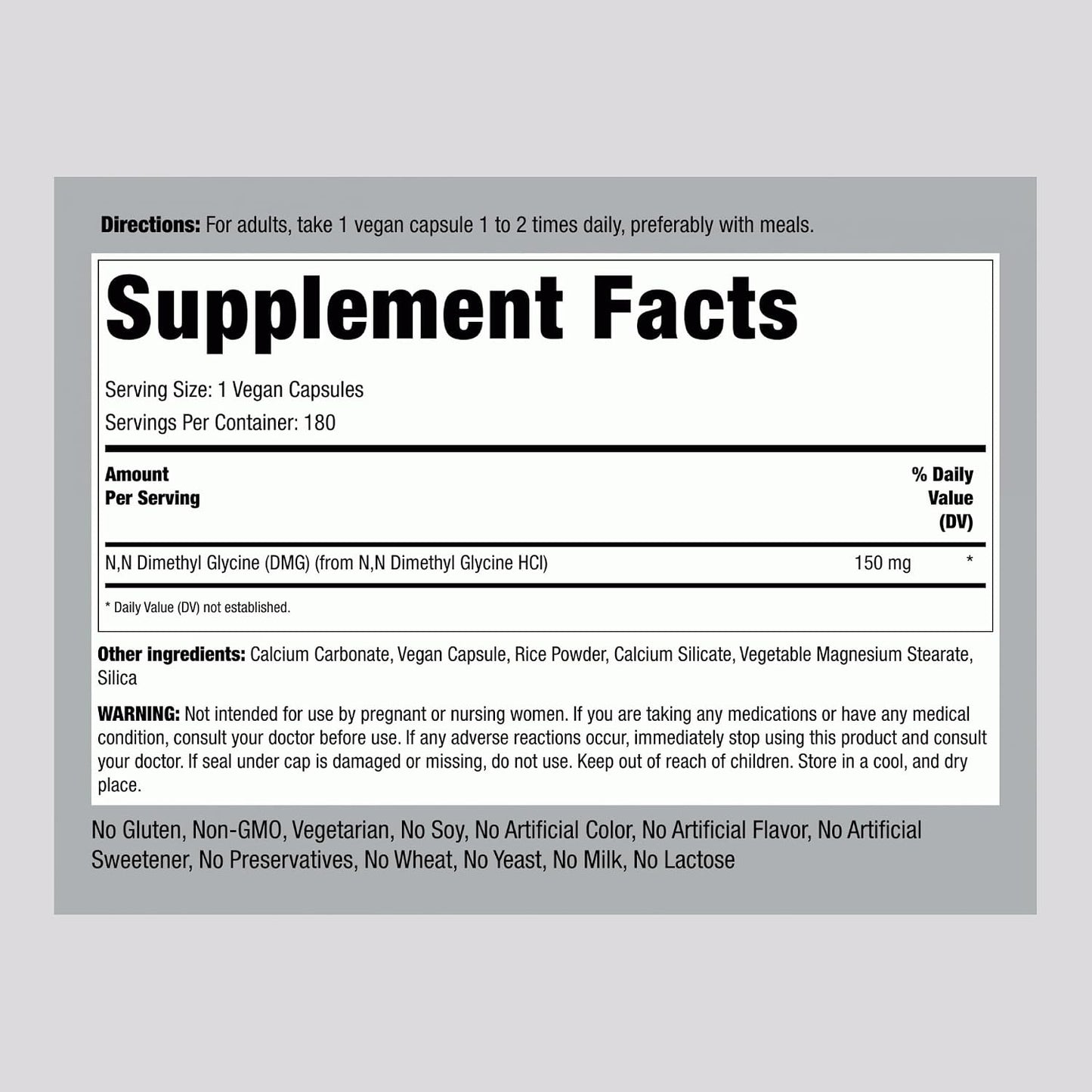 Piping Rock DMG B15 | 150 mg | 180 Capsules | Dimethylglycine HCl | Non-GMO, Gluten-free - görsel 2