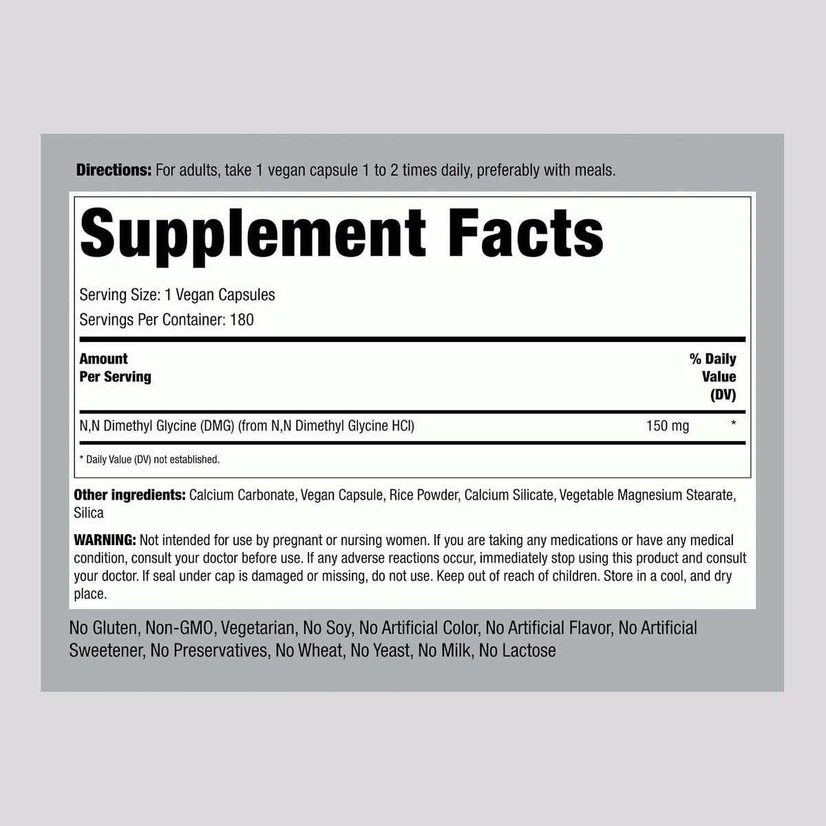 Piping Rock DMG B15 | 150 mg | 180 Capsules | Dimethylglycine HCl | Non-GMO, Gluten-free - görsel 2