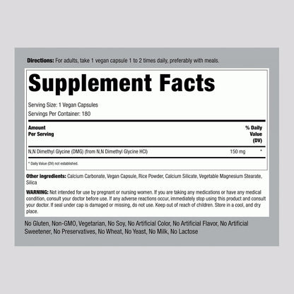 Piping Rock DMG B15 | 150 mg | 180 Capsules | Dimethylglycine HCl | Non-GMO, Gluten-free