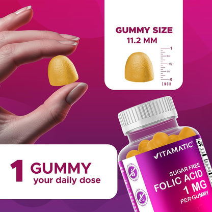 Vitamatic Folic Acid Gummies 1000 mcg (1 mg) – Vitamin B9 (1667 mcg DFE) – Sugar Free – Prenatal & Cellular Health Support – Natural Orange Flavour – Vegan, Non-GM – 120 Gummies
