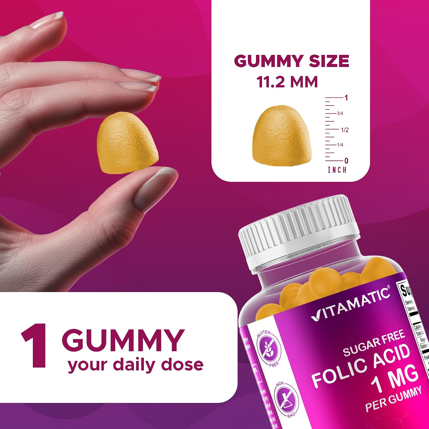 Vitamatic Folic Acid Gummies 1000 mcg (1 mg) - Essential Prenatal Vitamin B9 Gummies for Mum & Baby - 120 Vegan Gummies - görsel 3